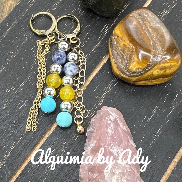 GOLD TURQUOISE yellow agate STATEMENT EARRINGS - Picture 1 of 1